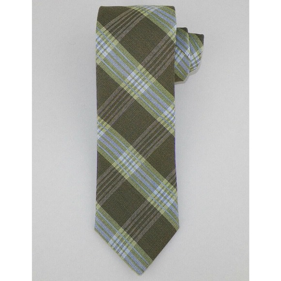ROBERT TALBOTT Mens Green Lime Medium Blue PLAID Woven Silk Tie USA NWT